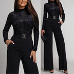 Womens SpringAutumn Lace-Panel Long-Sleeve Jumpsuit