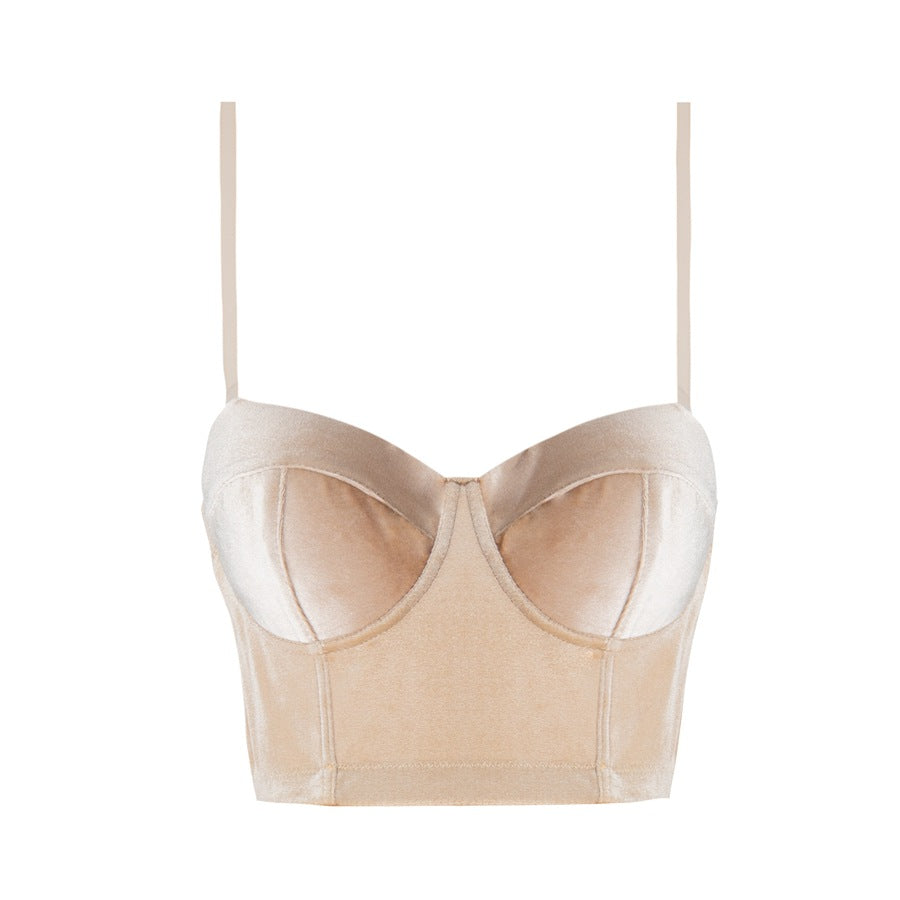 Real Velvet Spaghetti Straps Outerwear Fishbone Corset Solid Color