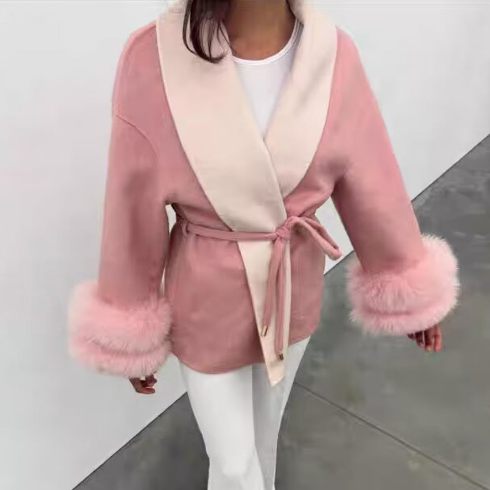 Casual Waist Belt Spliced Woolen Coat