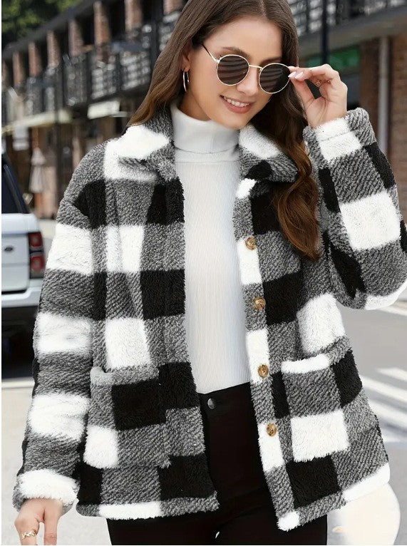 Color-blocked Plaid Jacket Fashion Lapel Pockets Single-breasted Coat Spring Fall Clothing For Women