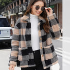 Color-blocked Plaid Jacket Fashion Lapel Pockets Single-breasted Coat Spring Fall Clothing For Women
