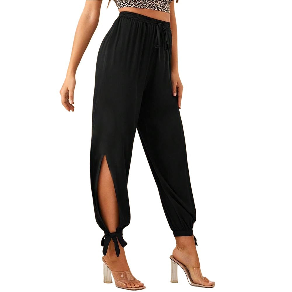 Black High-waisted Drawstring Split-leg Tie-cuff Casual Pants