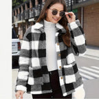 Color-blocked Plaid Jacket Fashion Lapel Pockets Single-breasted Coat Spring Fall Clothing For Women