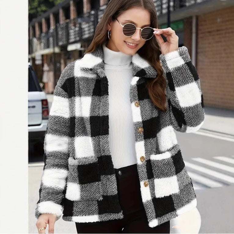 Color-blocked Plaid Jacket Fashion Lapel Pockets Single-breasted Coat Spring Fall Clothing For Women