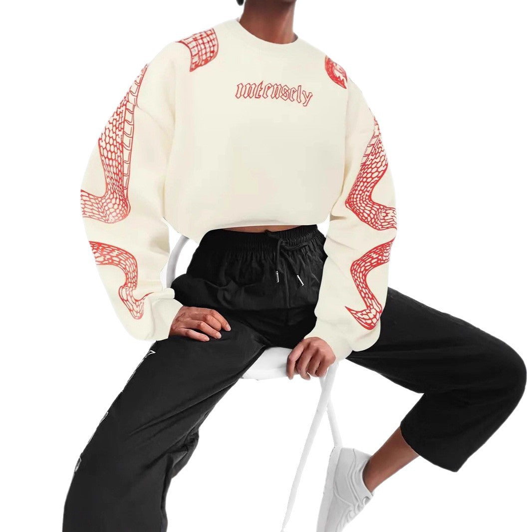 Women's Printed Hooded Pullover Loose-fit Vintage Sweatshirt Top