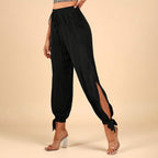 Black High-waisted Drawstring Split-leg Tie-cuff Casual Pants