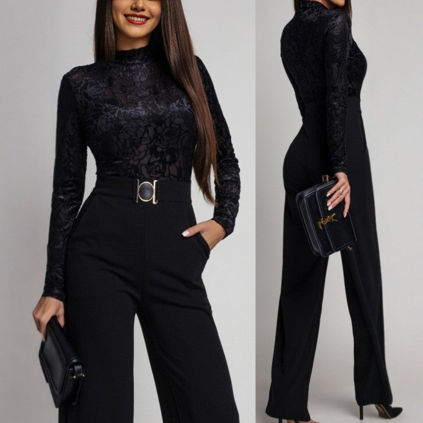 Womens SpringAutumn Lace-Panel Long-Sleeve Jumpsuit
