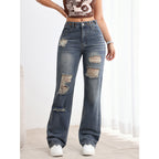 Womens High-waisted Straight-leg Ripped Jeans