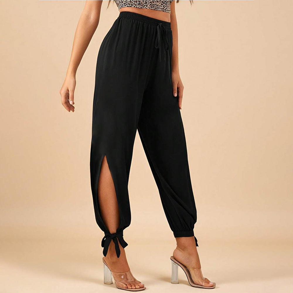 Black High-waisted Drawstring Split-leg Tie-cuff Casual Pants