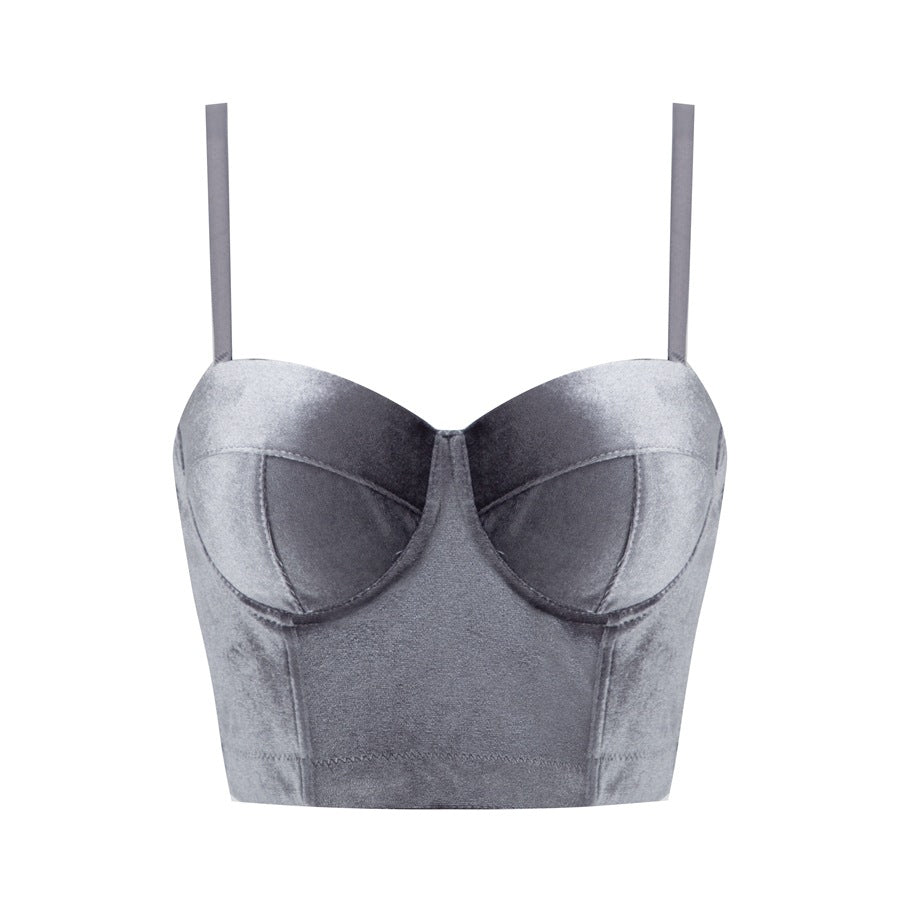 Real Velvet Spaghetti Straps Outerwear Fishbone Corset Solid Color