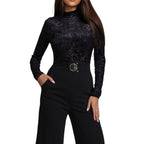 Womens SpringAutumn Lace-Panel Long-Sleeve Jumpsuit