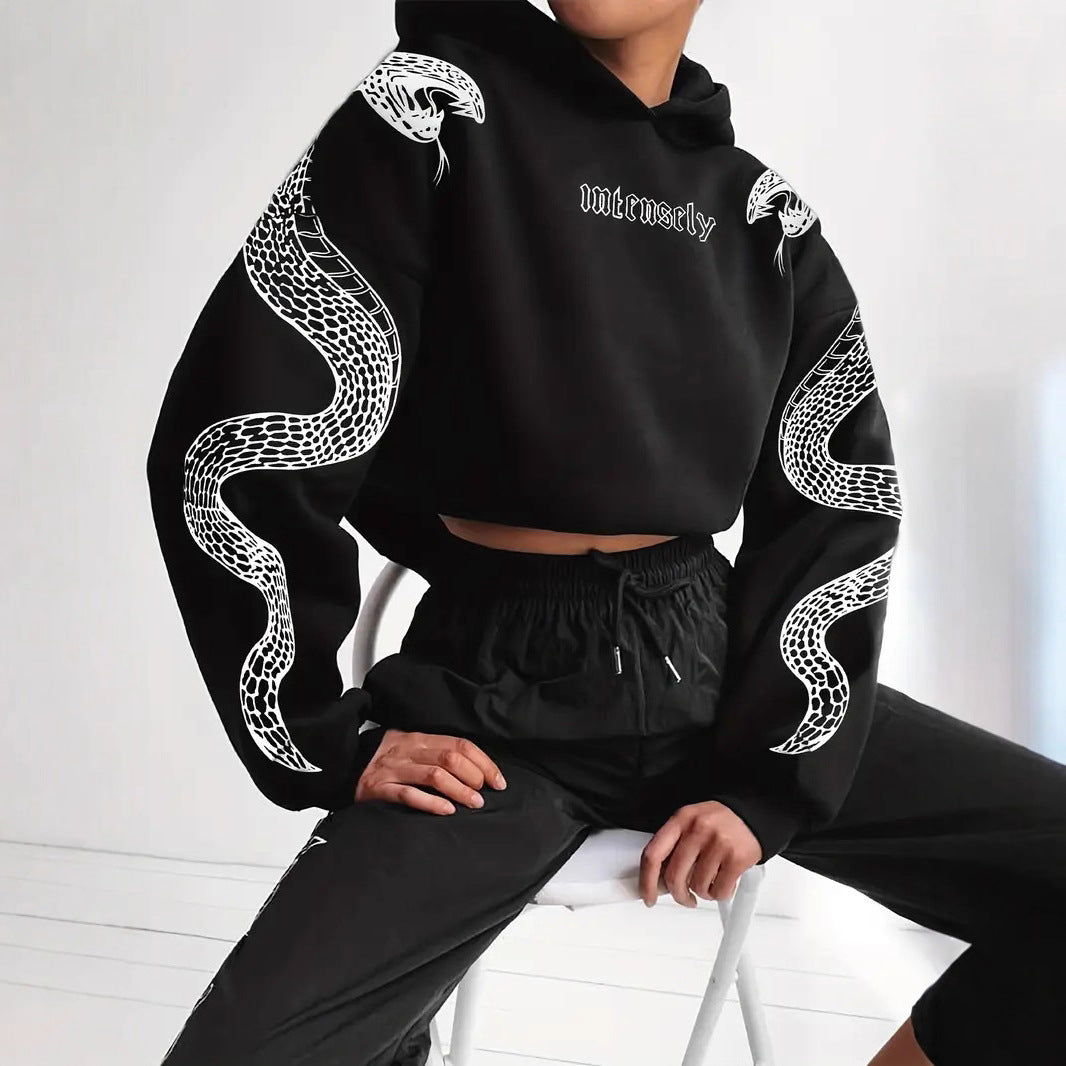 Women's Printed Hooded Pullover Loose-fit Vintage Sweatshirt Top