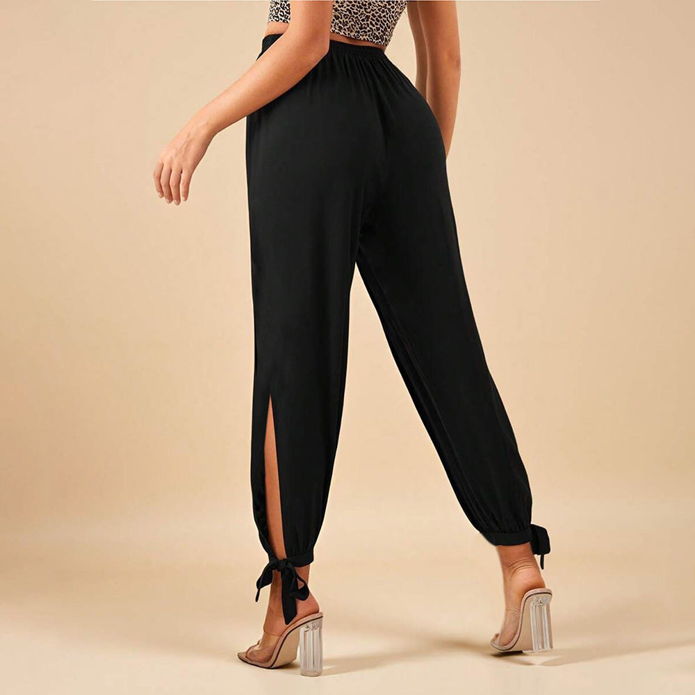 Black High-waisted Drawstring Split-leg Tie-cuff Casual Pants