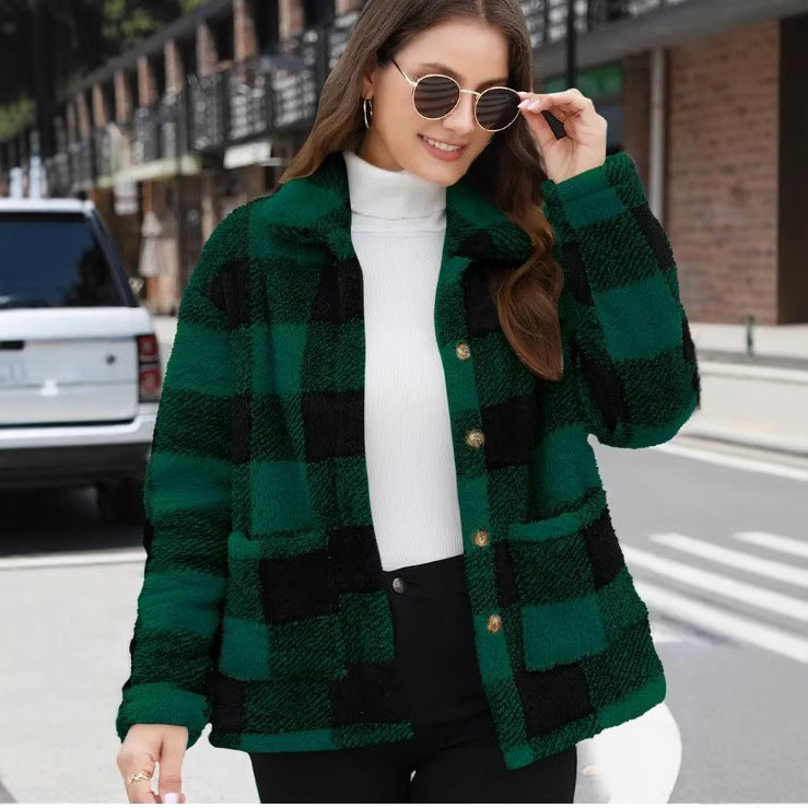 Color-blocked Plaid Jacket Fashion Lapel Pockets Single-breasted Coat Spring Fall Clothing For Women
