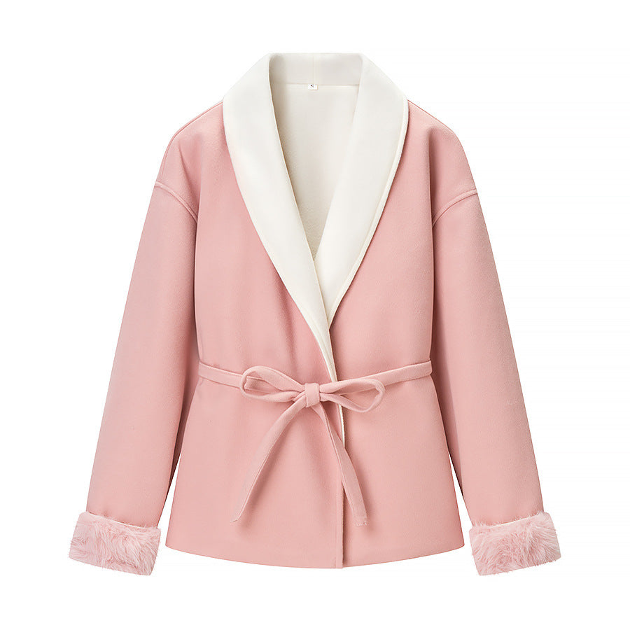 Casual Waist Belt Spliced Woolen Coat