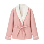 Casual Waist Belt Spliced Woolen Coat