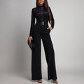Womens SpringAutumn Lace-Panel Long-Sleeve Jumpsuit