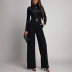 Womens SpringAutumn Lace-Panel Long-Sleeve Jumpsuit