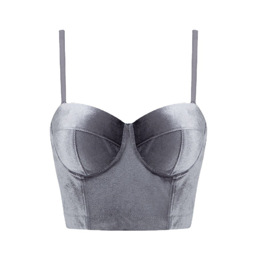 Real Velvet Spaghetti Straps Outerwear Fishbone Corset Solid Color