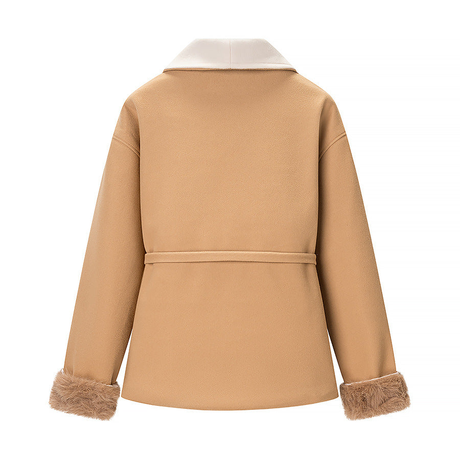 Casual Waist Belt Spliced Woolen Coat