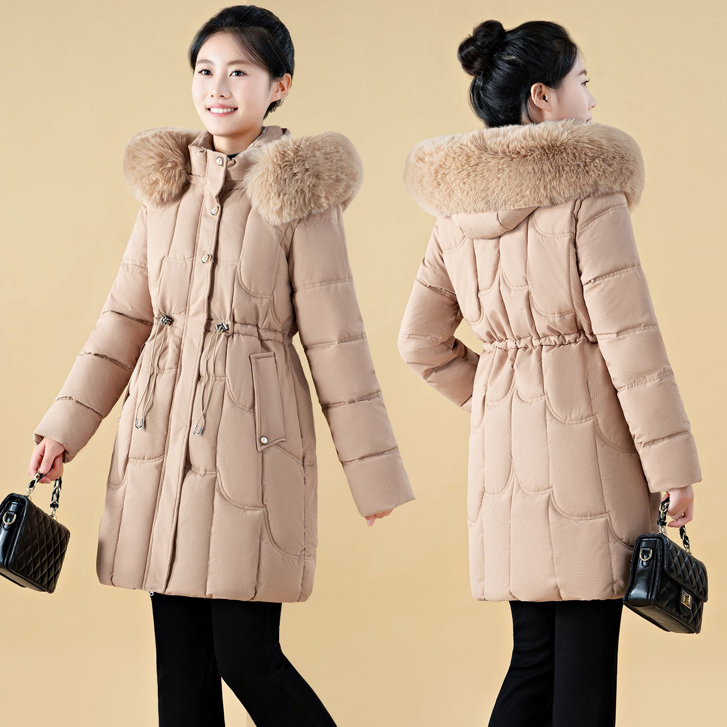 Womens Mid-Length, Loose-Fit Down Padded Jacket